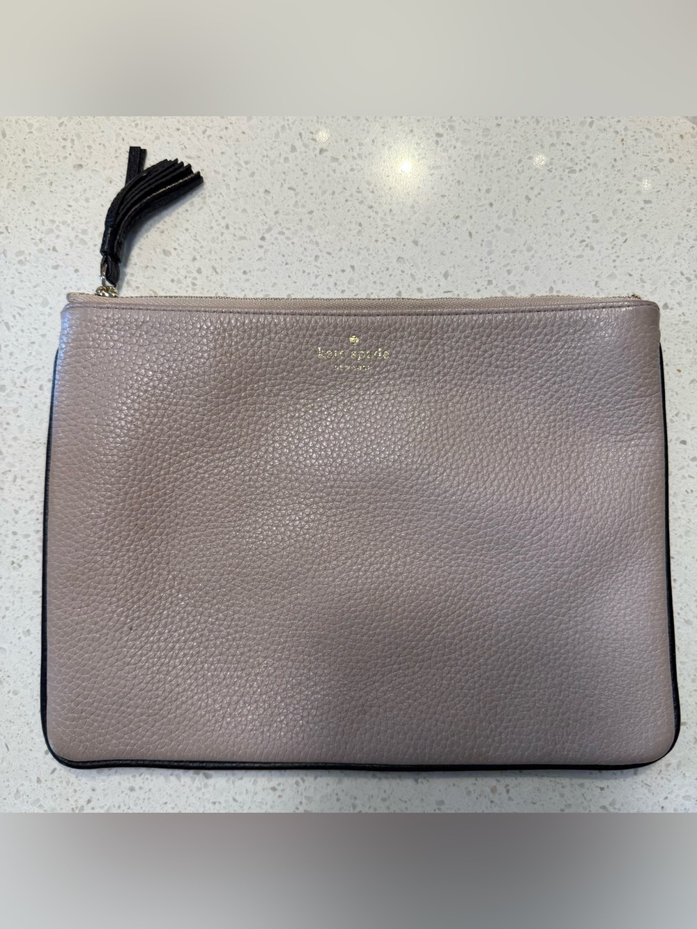 kate spade Pebble Leather Zip Pouch in Dusty Mauve with Black Tassel